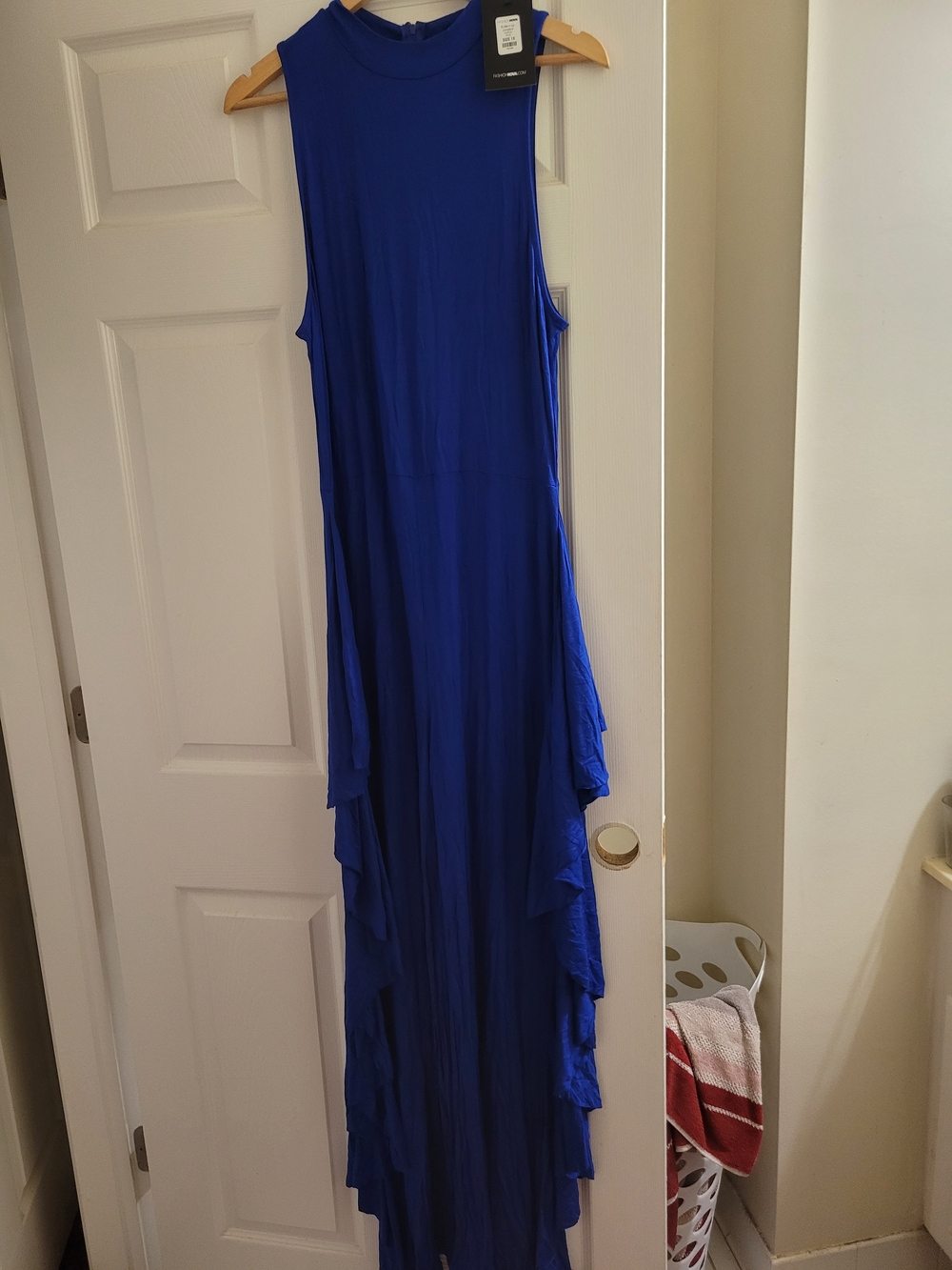 Fashion Nova Sleeveless Cobalt Blue Ruffle-Tier Jumpsuit.